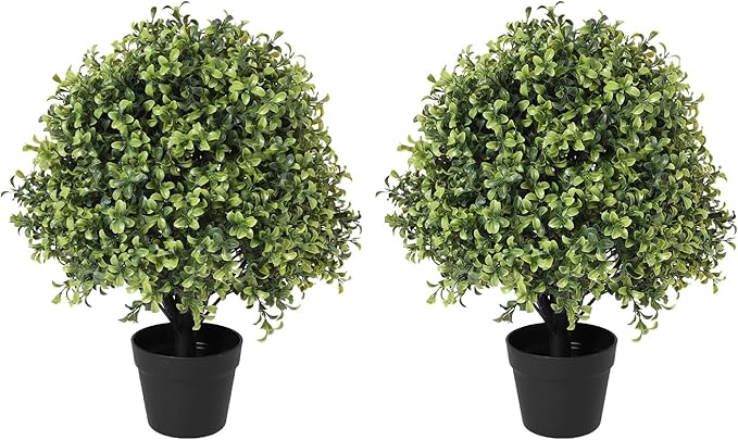 24" Faux Boxwood Plants Outdoor, Artificial Topiary Ball Trees Set of 2, UV Resistant Fake Potted Evergreen Realistic Greenery Bushes Shrubs for Outside Front Porch Planter Patio Indoor Decor 2ft Tall