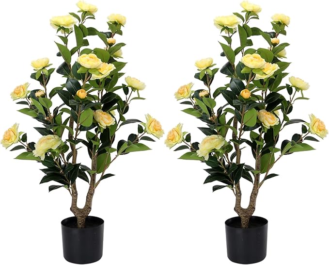 Artificial Camellia Tree 2 Pack - Realistic Camellia Plants in Pot with Yellow Flowers, Lifelike Faux Greenery for Living Room, Patio, or Wedding, Yellow