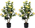 Artificial Camellia Tree 2 Pack - Realistic Camellia Plants in Pot with Yellow Flowers, Lifelike Faux Greenery for Living Room, Patio, or Wedding, Yellow
