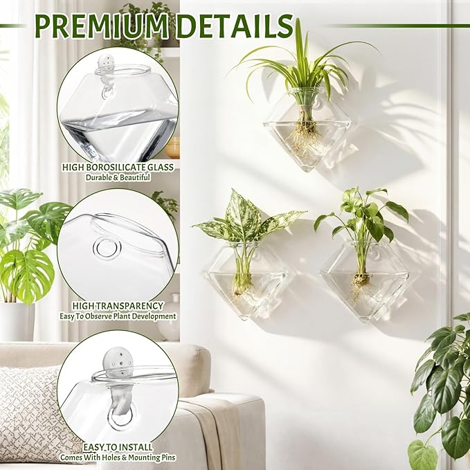 Yungyan 6 Pack Glass Wall Vase Plant Propagation Wall Hanging with Nail Hooks Diamond Propagation Station Flower Vase Glass Terrariums Plant Hanger for Home Office Bathroom Living Room Decor