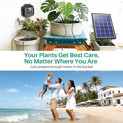 NFESOLAR 4W Solar Drip Irrigation Kit for Outdoor Indoor Plants, Customizable Watering Duration 1–30min & Interval 3h–7d, Solar Irrigation System for Garden Patio Balcony Vacation