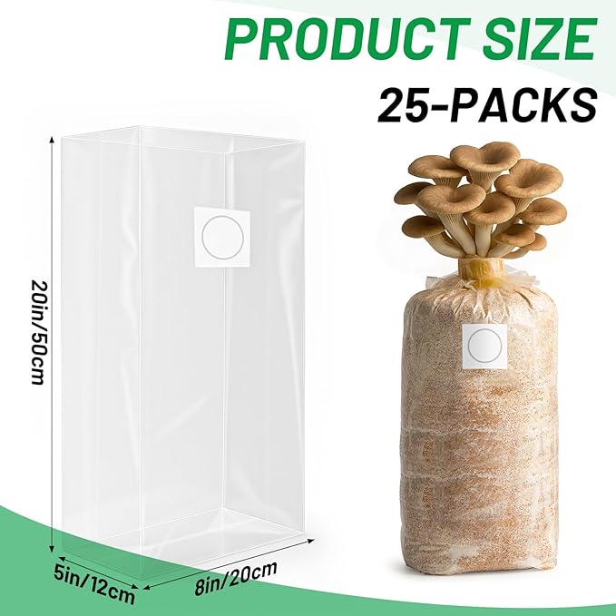 GREANER 6 Mil Mushroom Grow Bags, 8"x5"x20" Large Thick Mushroom Spawn Bags with Breathable 0.2 Micron Filter Patch for Substrates and Grains(25 Packs)