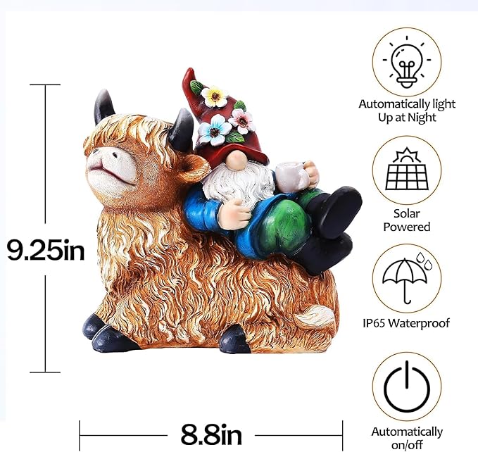 Pohabery Garden Gnomes Decor Outdoor Statues Gnome on Highland Cow Hold Solar Cup Light Outdoor Decorations for Patio,Yard and Gift for Mom