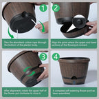 Sun-E 10 Inch Whiskey Barrel Self Watering Planters 3Pack- Brown Wood Grain with Side Water Level Indicator,Drainage Holes,Saucer&Plant Tags for Indoor Outdoor Garden Plants,Decor&Plants Not Included