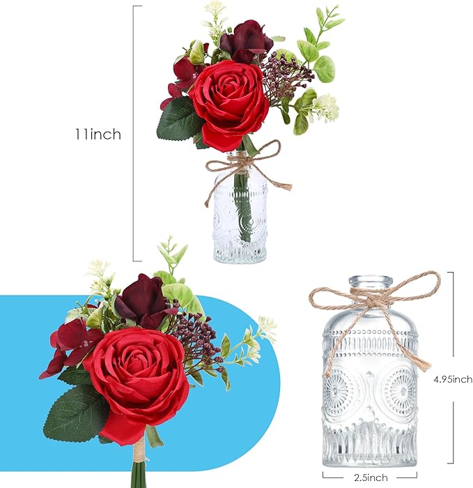 AFRITEE Artificial Flowers with Vase - Small Red Fake Plants Faux Silk Flower Arrangement in Vase for Home Decor for Indoor Dining Living Room Coffee Wedding Table Centerpieces