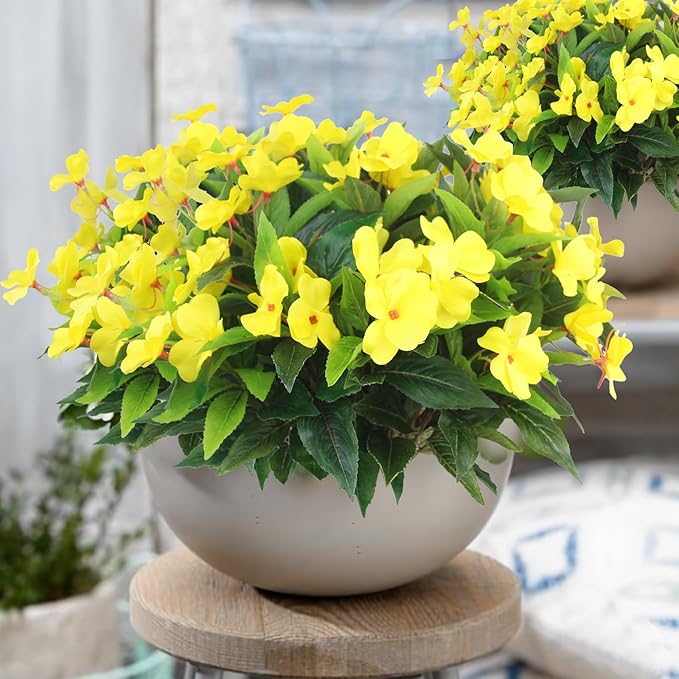 CITYES 4 Pcs Artificial Flowers Outdoor Impatiens UV Resistant Silk Impatiens Flowers Yellow Faux Flowers Impatiens Bushes Artificial Impatiens for Pot Patio Lawn Garden Hanging Basket Porch Decor
