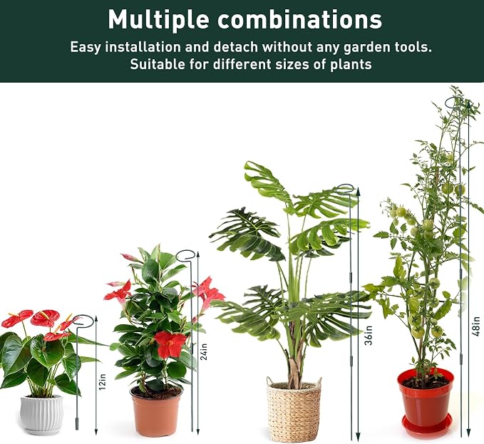 2 Set Metal Plant Sticks Support Tall 48 Inch Adjustable Plants Stem Support Rod Amaryllis Holder Stake Garden Flower Rings with 20PCS Clips 16.5' Plant Ties for Outdoor Indoor Plants