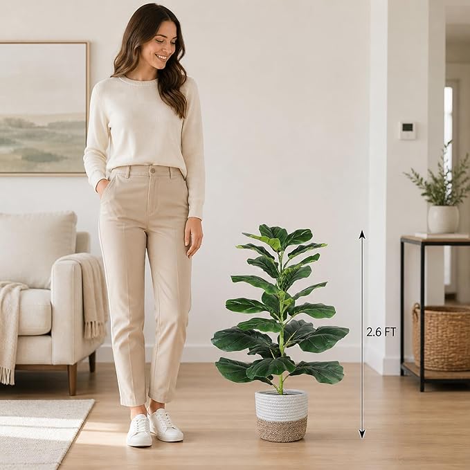 30" Artificial Fiddle Leaf Fig Tree, Realistic Fake Plants Faux Trees Indoor with Cotton Rope Basket, Artificial Plants Indoor for Apartment Home Living Room Office Decor