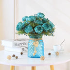Fake Flowers in Vase,Fake Flowers with Vase,21 Pcs Faux Peony Flowers,Artificial Flowers for Home Decor, Indoor Centerpiece for Living Room & Dining Table (Blue)