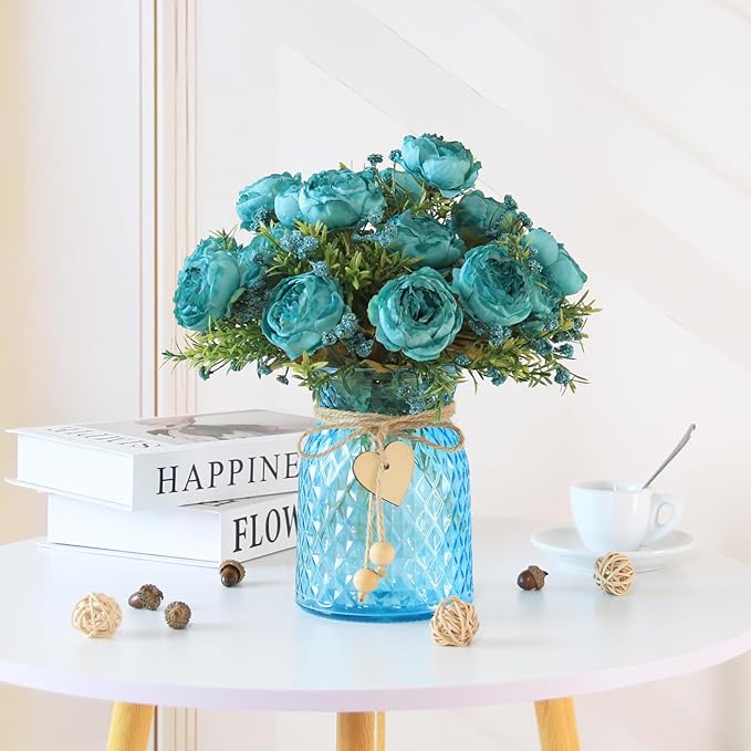Fake Flowers in Vase,Fake Flowers with Vase,21 Pcs Faux Peony Flowers,Artificial Flowers for Home Decor, Indoor Centerpiece for Living Room & Dining Table (Blue)