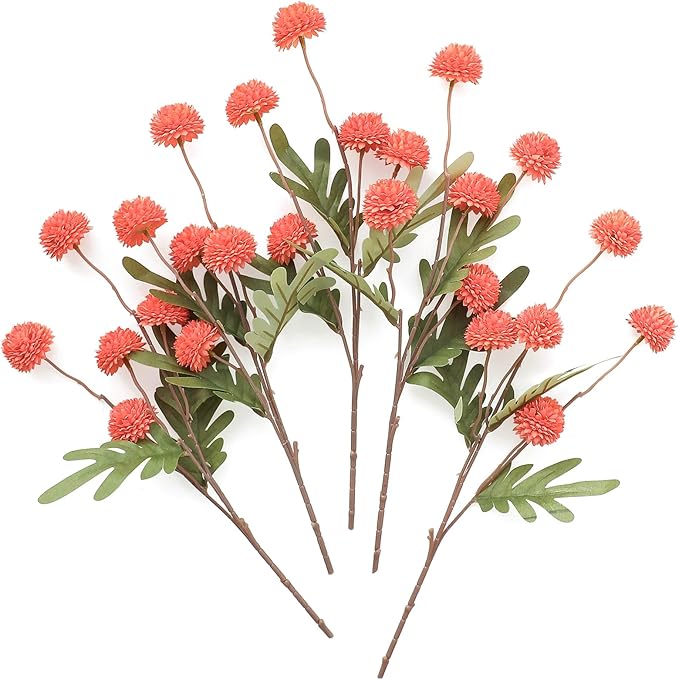 Floroom 5pcs Coral Orange Faux Silk Mums Artificial Flowers, Bulk Fake Small Mini Chrysanthemums with Stems for DIY Wedding Centerpieces Floral Arrangements Vase Fillers Home Decorations