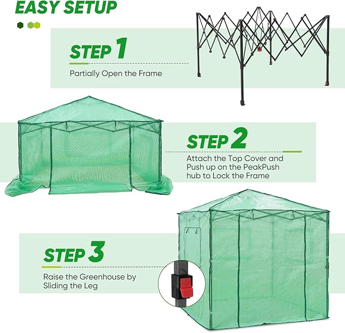 EAGLE PEAK 7x7 Portable Walk in Greenhouse, Pop Up Indoor Outdoor Greenhouse, Green House Kit with Zippered Roll-Up Doors and Windows + Mesh Lining & 2 Foldable Shelves, PE Cover, Clear/Green