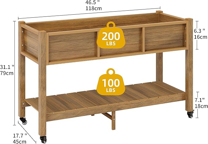 DWVO 47x18x31in Raised Garden Bed Outdoor HDPE with Legs and Lockable Wheels, Weather-Resistant Poly-Wood Elevated Planter Box, Double Tier Planters for Backyard Patio Balcony, Brown