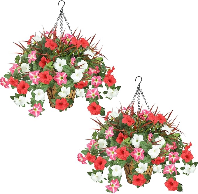 2 Pack Artificial Flowers Hanging Baskets for Outdoors, 10 PCS UV Resistant Faux Outdoor Plants, Fake Petunias Silk Flowers for Garden Balcony Yard Porch Decor (White Red Pink)