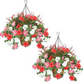 2 Pack Artificial Flowers Hanging Baskets for Outdoors, 10 PCS UV Resistant Faux Outdoor Plants, Fake Petunias Silk Flowers for Garden Balcony Yard Porch Decor (White Red Pink)