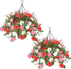 2 Pack Artificial Flowers Hanging Baskets for Outdoors, 10 PCS UV Resistant Faux Outdoor Plants, Fake Petunias Silk Flowers for Garden Balcony Yard Porch Decor (White Red Pink)