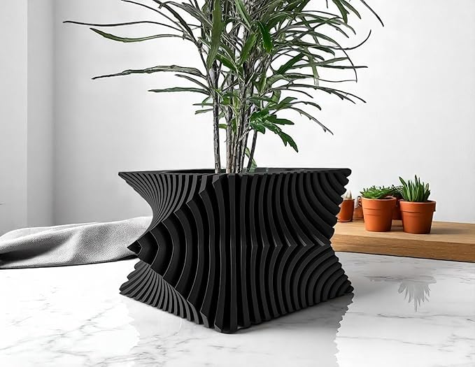 Aeon Twist Modern Planter – Black Sculptural Plant Pot for Indoor Decor Geometric Design with Drainage – Unique Home Accent for Living Room, Office, or Shelf (Black, Compact Structure: 6" x 4" WH)