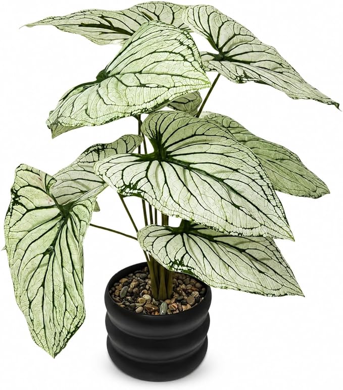 16'' Fake Plant Tall Artificial Caladium Plants Indoor with Black Planter Design, for Home Living Rooms Patios Porches Bathrooms Outdoor Decor (Green)