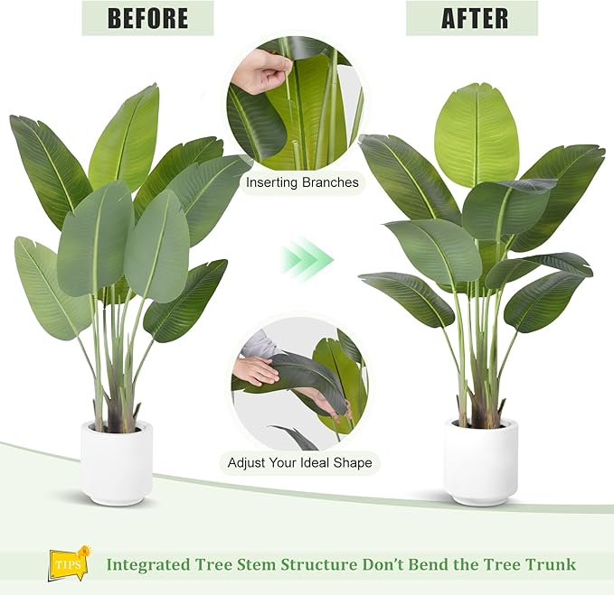 Artificial Bird of Paradise Plant 4Ft Tall Fake Tropical Palm Tree Large Fake Plants with 9 Silk Banana Leaves Faux Plant Indoor Decor Trees with White Pot for Home Bedroom Living Room Office（2pcs）