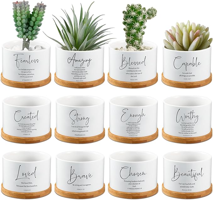 Fumete 12 Pcs Bible Verse Succulent Pots with Tray Drainage, 3 x 2 in Inspirational Mini Ceramic Flower Planter Christian Religious Gifts for Women Men Teacher Guest Staff Church(Affirmation Series)