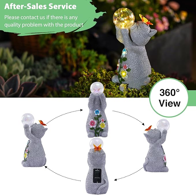Goodeco Solar Cat Garden Statue - Outdoor Cat Decor with Solar Butterfly & Succulent Flowers LED Lights for Garden Enthusiasts - Ideal Gifts for Mom & Birthdays