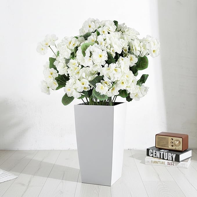 14Pcs Geranium Artificial Flowers for Outdoors Decoration Geranium Silk Flowers Outsides UV Resistant Garden Plants Faux Flower for Front Door Garden Porch Planter Patio Balcony Yard Indoor (White)