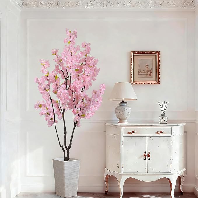 Faux Pink Cherry Blossom Tree 6.5ft(78in) Tall Artificial Plant Indoor Decor Handmade Natural Fake Sakura Tree for Wedding Realistic Silk Cherry Floral in Pot for Home Living Room,Office,Outdoor Decor
