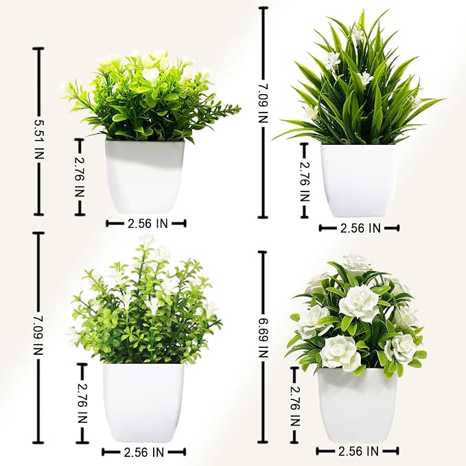 SZC&MFZ 4 PCS mini Artificial Potted Plants with Flowers, Perfect Fake Plants & Faux Potted Plants for Room Decor, Ideal for Home, Bathroom, Bedroom, Living Room, Kitchen and Office Decoration.