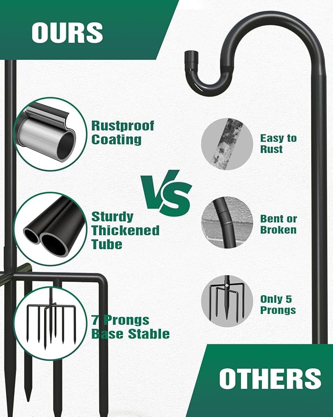 Breeze Touch 2Pack 62 Inch Adjustable Shepherd Hooks for Outdoor Outside, Heavy Duty with 7 Prongs Base, for Hanging Lantern, Hummingbird Feeder, Lightweight Plant, Wind Chime, Bird Feeder Hanger