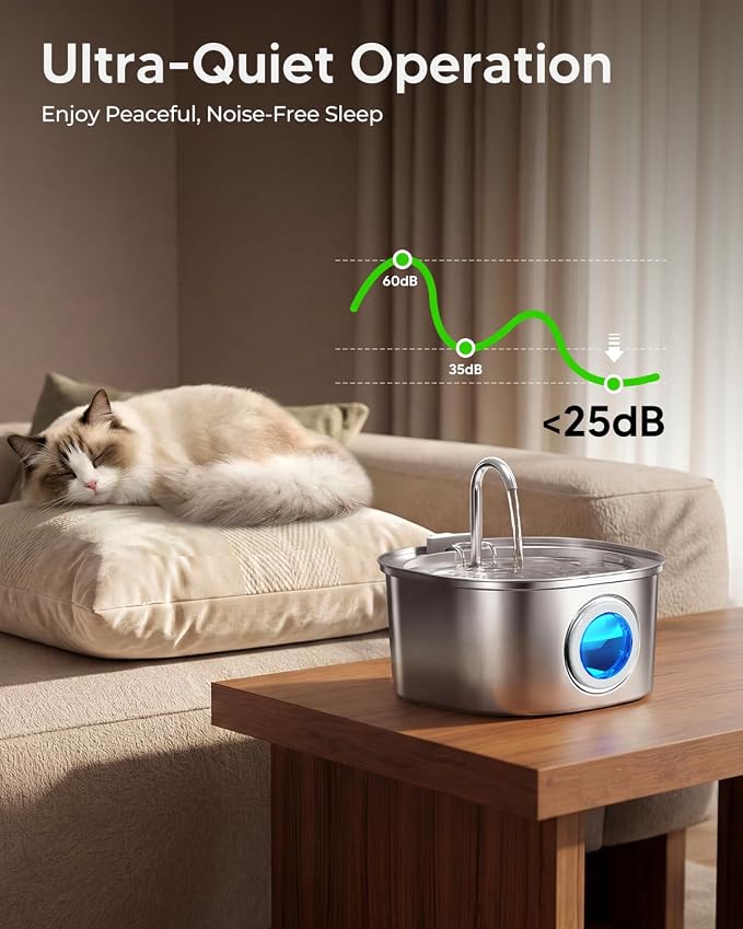 PEKTACO Stainless Steel Cat Water Fountain, 3.2L/108oz Cat Water Dispenser with Quiet Water Pump, Dishwasher Safe Pet Drinking Fountain for Cats