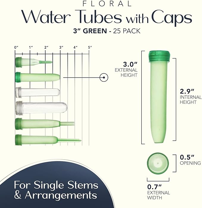 Royal Imports Floral Water Tubes with Caps – 3" Green Plastic Flower Vials for Single Stem Roses, Buds, Bouquets – Standard Style, 1/2" Opening – 100 Pack