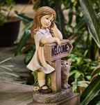 Girl Garden Statue with Solar LED Lights, Solar Girl Welcome Sign with Cat Garden Statue for Outdoor Decor, Porch, Patio, Yard Art Decorations, Polyresin 17.3 inch