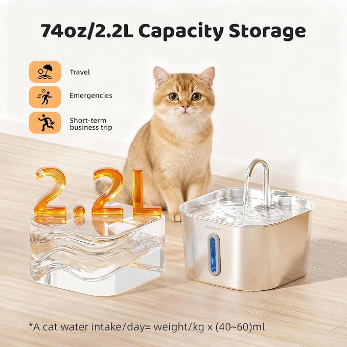 SARPAWS Cat Water Fountain Stainless Steel, 2.2L/74oz Pet Water Fountain for Cats Indoor, Ultra Quiet Cat Fountain for Cats and Small Animals, Cat Fountain for Drinking with 2 Filters & 2 Sponges