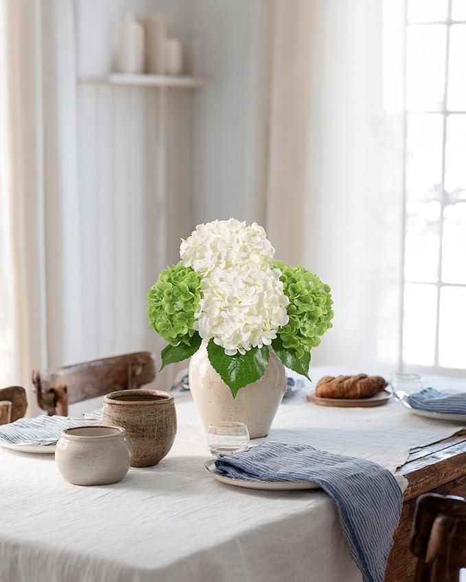 DuHouse 4Pcs Large Hydrangea Artificial Flowers,20 inch Latex Real Touch Hydrangeas for Home Wedding Bouquets Centerpieces Party Living Room Decoration(2Pcs Green+2Pcs White)