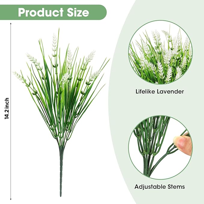 Bassion Artificial Flowers for Outdoors, 24 Bundles Fake Lavender Flowers UV Resistant White Plastic Plants Faux Monkey Grass for Home Porch Garden Window Box Indoor Outdoor Decorations
