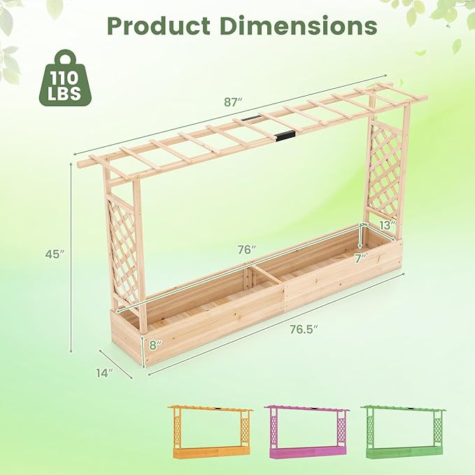 BECOMFORT Raised Garden Bed with Trellis & Hanging Roof, 45" Tall Fir Wood Planter Box with Drainage Holes, Outdoor Elevated Garden Planter for Climbing Vines, Perfect for Patio, Lawn & Backyard