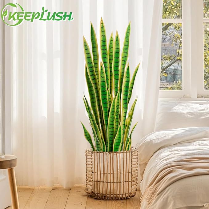 4ft Artificial Snake Plant – 46in Faux Sansevieria Plants, Fake Floor Plant for Indoor Outdoor, Front Porch Patio Home Office Decor, Mother-in-Law’s Tongue, Yellow 1Pcs