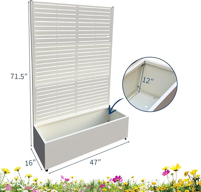 Metal Raised Garden Bed with Trellis & Privacy Screen, 71.5"x47"x16" Galvanized Metal Planter Box with Wheels & Drainage Holes for Patio Balcony Climbing Plants Flowers Vegetable, White