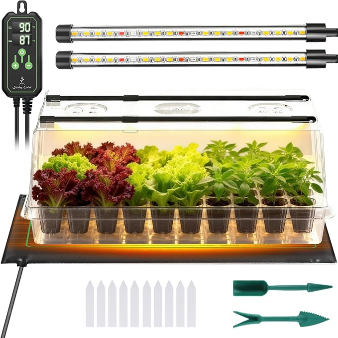 Adawook Large Seed Starter Tray with Grow Light and Thermostat Controller Heat Mat, 10"x 20.75" Heat Mats for Plant Growing，68-113°F Adjustable，Color Change Grow Lights，Germination Trays Kits