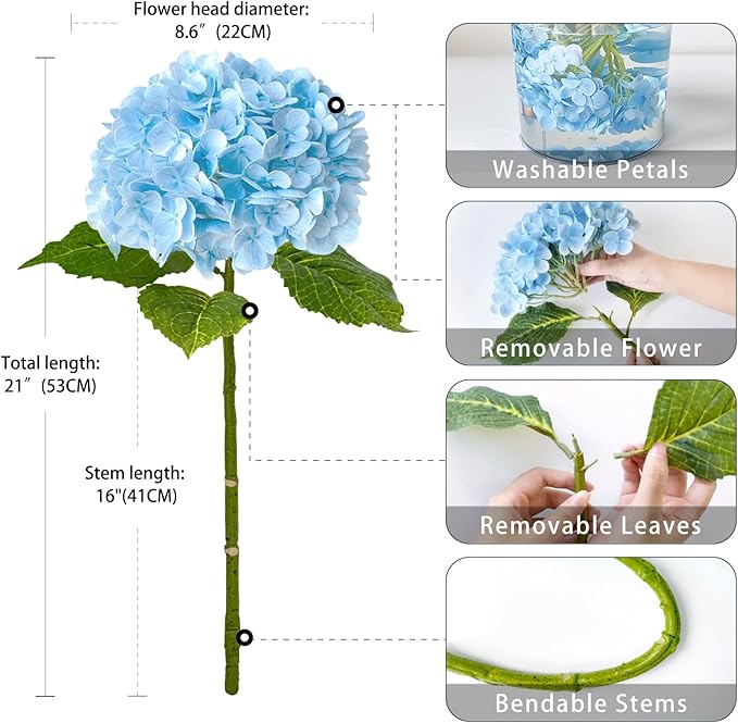 ZYTUYO 4 Pcs Real Touch White Light Blue Hydrangeas Artificial Flower 21'' Realistic Faux Latex Hydrangeas Flower for Home Decor Kitchen Living Room Spring Table Wedding Xmas Arrangement