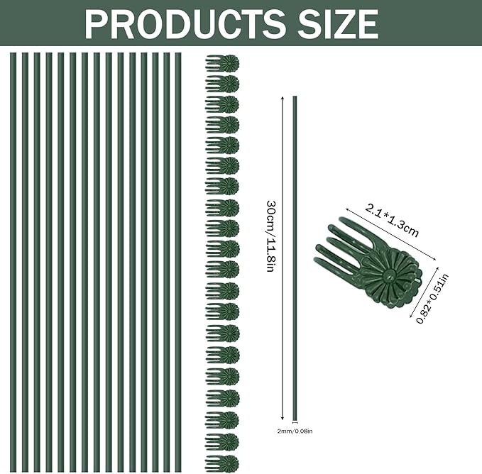 65 Pcs Plant Support Kit: 25pcs Rubber-Coated Garden Stakes (12 Inch) & 40pcs Plant Clips - Adjustable Bendable Stems for Tall Flowers, Indoor & Outdoor Plants, Craft DIY