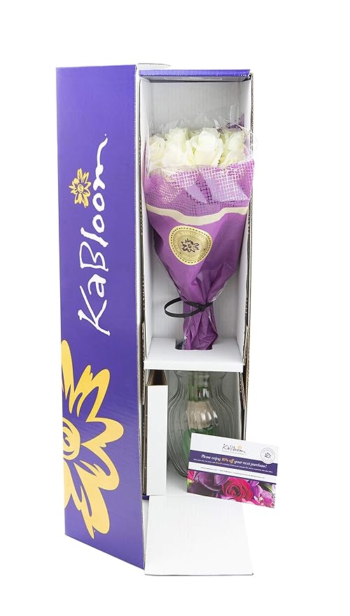 KaBloom - Bouquet of 12 Fresh White Roses (Farm-Fresh, Long-Stem) with Vase - Fresh Flowers for Birthday, Valentine's & Mother's Day