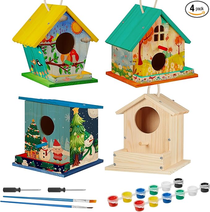 Liliful 4 Pack Birdhouse Crafts for Kids, Wooden Creative DIY Bird House Kits Arts and Crafts Set for Kids and Adults, Spring Birthday Gifts for Toddlers Ages (Seasonal Style)