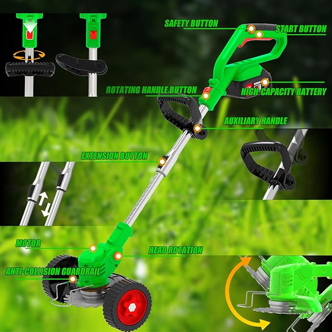 Cordless Electric Weed Wacker Eater 21V Battery Powered Stringless Weed Trimmer with 4 Types Blades & Wheels, 3-in-1 Grass Trimmer/Lawn Edger/Brush Cutter, Lightweight Garden Tool for Garden Yard