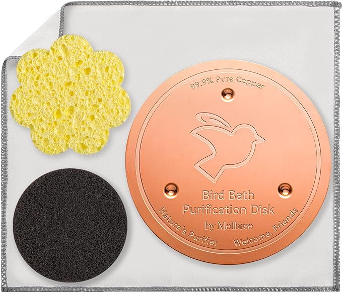Mellbree Bird Bath Copper Disc & Clean Set, 0.6mm Reinforced 99.99% Pure Copper Cleaning Disk with Cleaning sponges Sandpaper and Microfiber Cloths for Cleaning Bird Baths and Bird Bath Disk