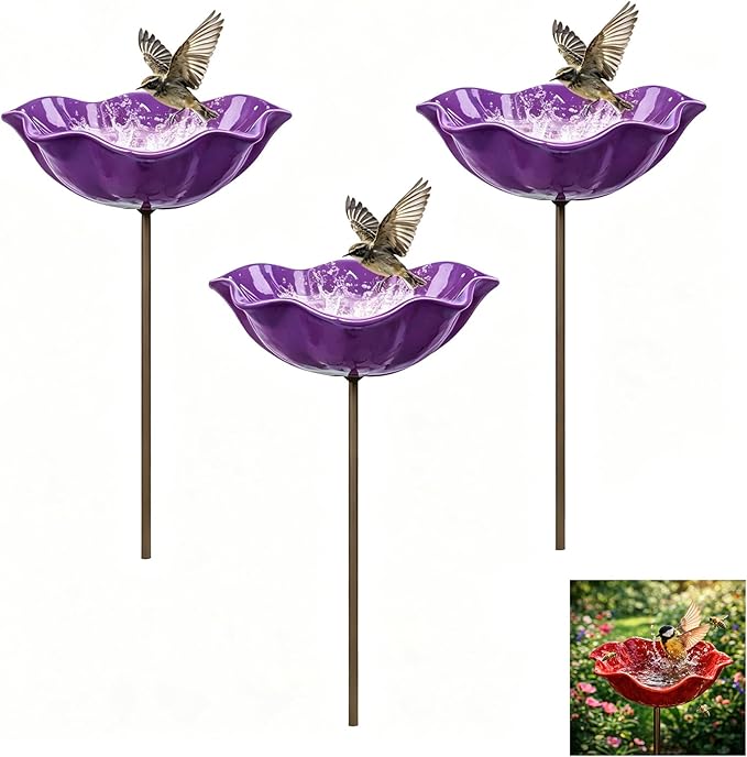 Handmade Metal Flower Garden Stake Bird Bath, Hummingbird Feeder, Bee & Butterfly Puddler, Mini Pollinator Watering Station for Garden Patio Lawn Yard Decor, Purple, 3PCS