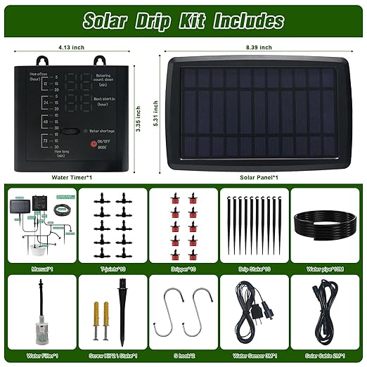Solar Drip Irrigation System for Garden, Automatic Drip Irrigation Kit with 33FT Tubing, Solar Powered Plant Watering Device for Potted Plants, Vacation, Outdoor No Wiring Needed (10 Pots)