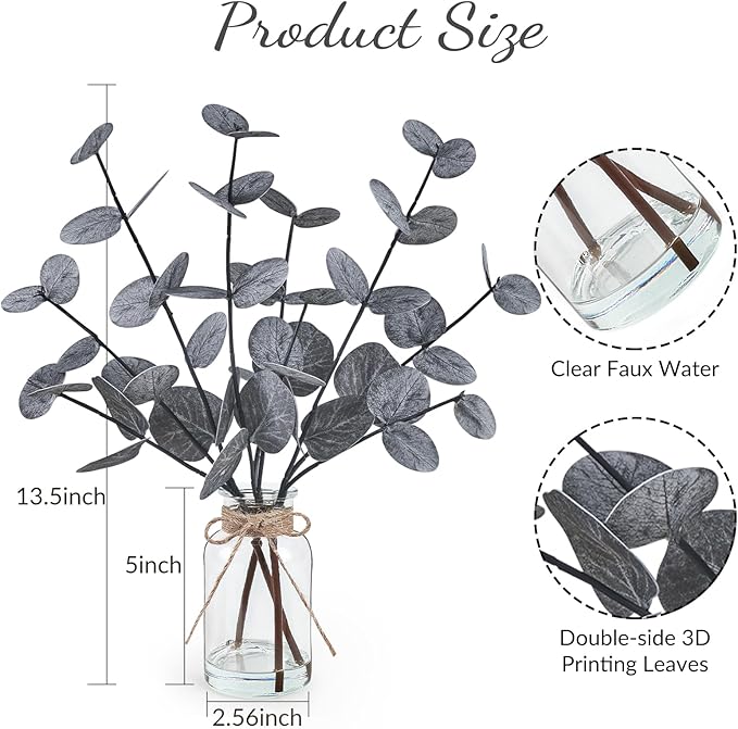 Artificial Eucalyptus Stems in Glass Vase with Faux Water Halloween Decor, 14” Fake Plants for Home Decor Table Centerpieces Office Bathroom Faux Plants Indoor Black Decorations