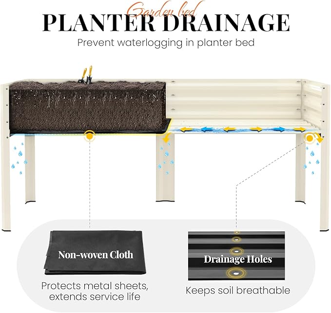 KING BIRD Large Raised Garden Bed with Cover Galvanized Elevated Planter Box with Legs 72×23×55 in for Backyard, Patio, Balcony, 700lb Capacity, Beige