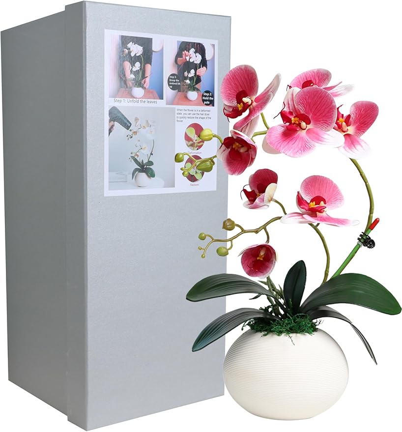 Forlaoers Modern 17" Pink Artificial Orchid Faux Flowers in vase Fake Plant Floral Arrangements Table Centerpieces for Dining Room Home Office Bathroom Decorations Indoor Farmhouse Wedding Decor